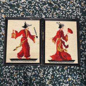 Vintage Oriental Embroidered Wall Art Set